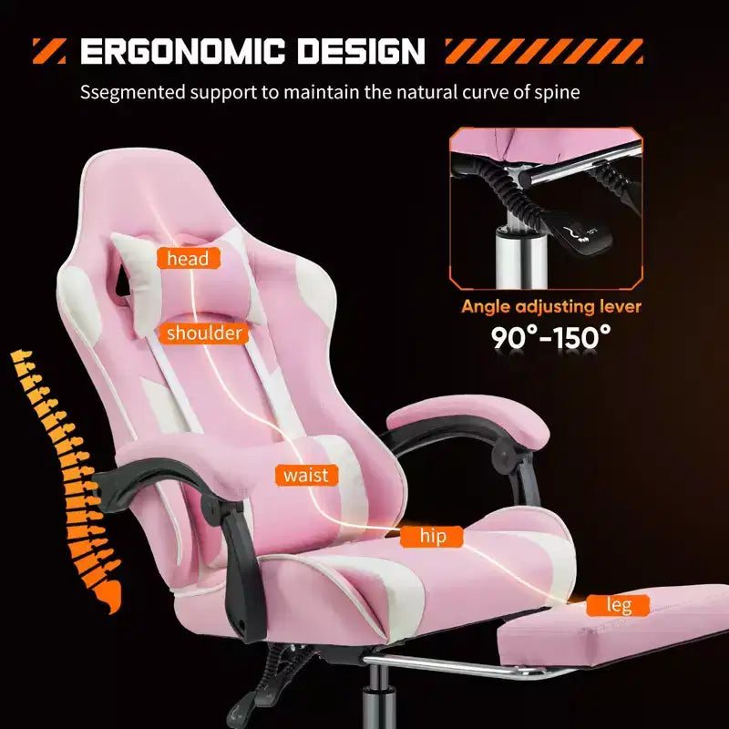 Chaise de jeu ergonomique Okak avec repose-pieds et soutien lombaire, chaise d'ordinateur avec appuie-tête et accoudoir, chaise à roulettes pour l'étude et le bureau