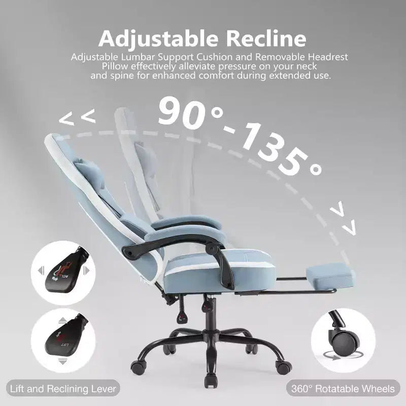Chaise de bureau ergonomique Okak avec accoudoirs rembourrés, chaise de jeu avec repose-pieds et soutien lombaire, chaise pivotante à roulettes pour la maison et le bureau
