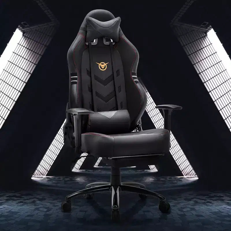 Chaise de jeu ergonomique à dossier haut Okak avec coussin appui-nuque amovible, chaise d'ordinateur avec assise rembourrée et support lombaire, chaise confortable pour la maison, noire