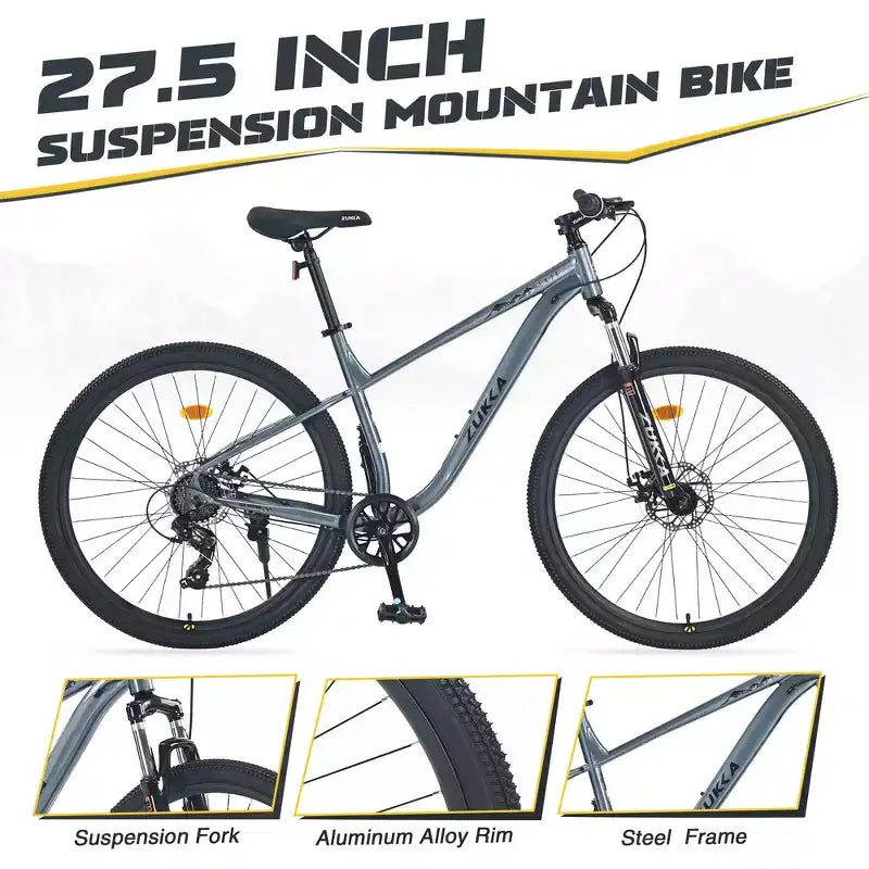 VTT Whisen 27.5 avec dérailleur arrière 8 vitesses, suspension avant, cadre en acier
