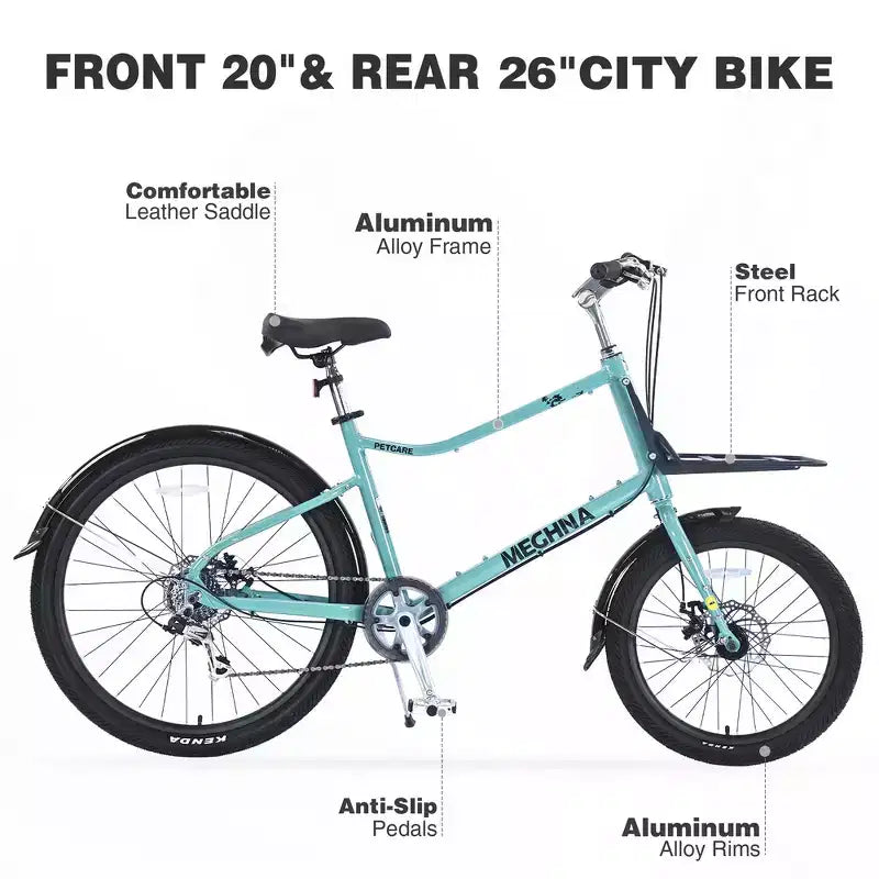 Vélo Cargo Whisen 26 avec 7 Vitesses, Cadre en Alliage d'Aluminium, Double Frein à Disque pour Femmes et Hommes