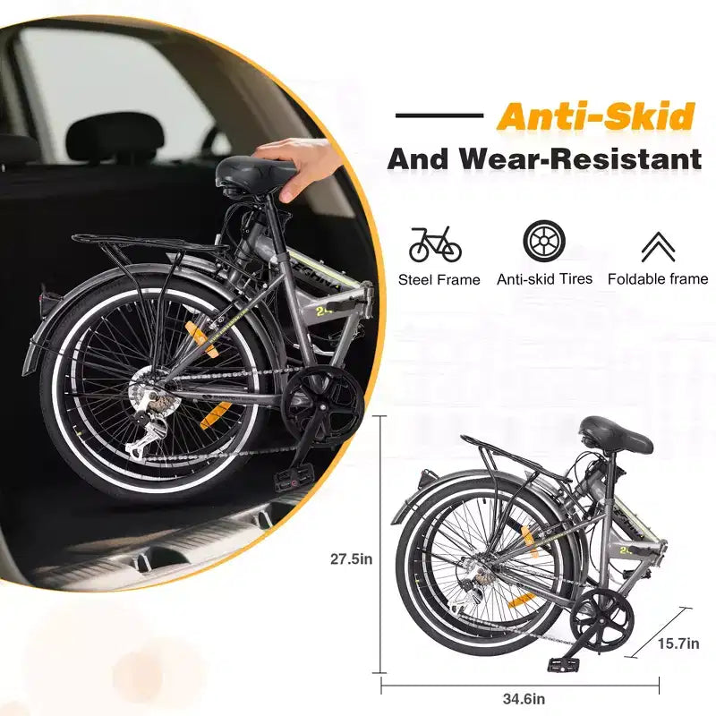 Vélo pliant de ville Whisen 24, vélos adultes avec Shimano 7 vitesses, cadre en acier