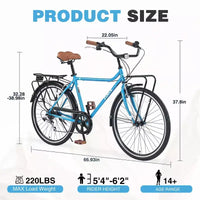 Vélo Whisen 26 pouces style vintage, vélo de ville rétro avec 7 vitesses, cadre en acier, double freins