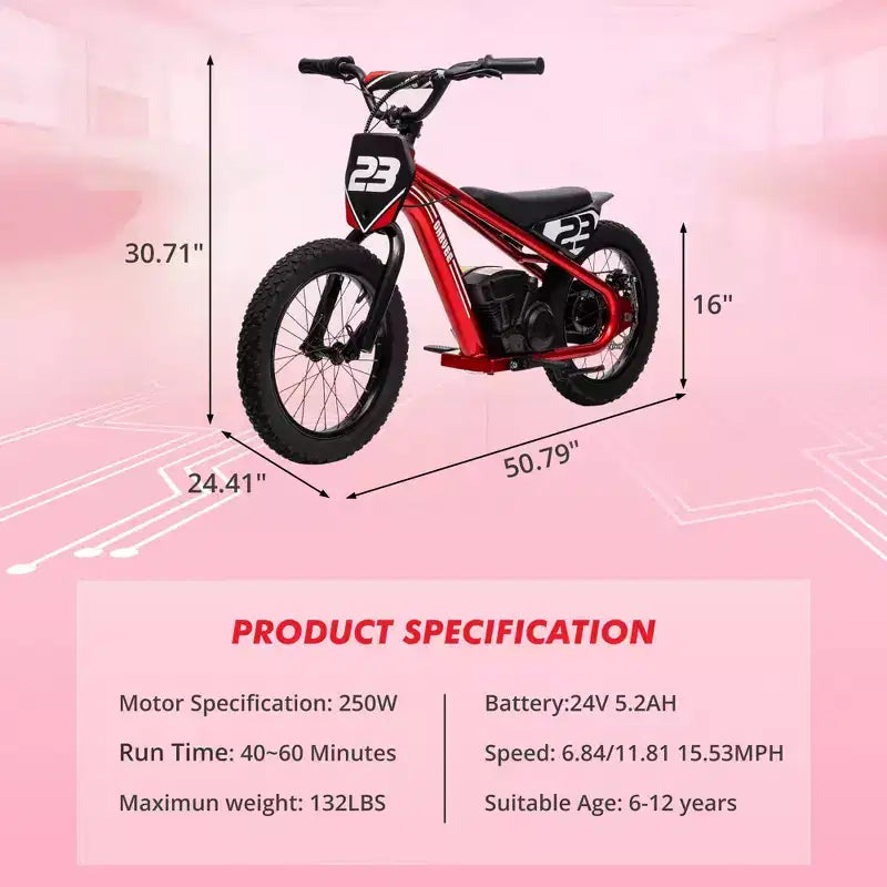 Moto Cross Électrique pour Enfants de 6 à 12 Ans, Vélo d'Équilibre Électrique 250W, Vitesse Max 25 km/h & 3 Réglages de Vitesse, Batterie 24V/5.2AH