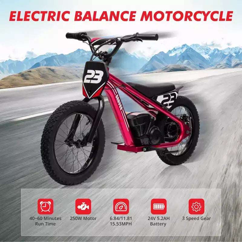 Moto Cross Électrique pour Enfants de 6 à 12 Ans, Vélo d'Équilibre Électrique 250W, Vitesse Max 25 km/h & 3 Réglages de Vitesse, Batterie 24V/5.2AH