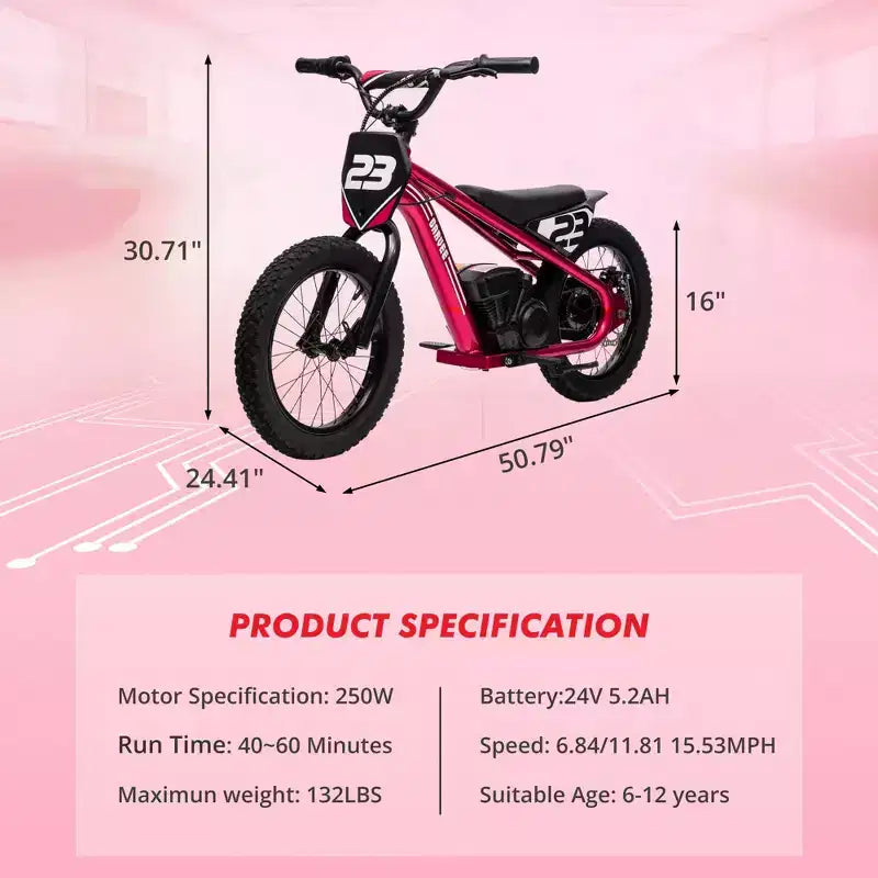 Moto Cross Électrique pour Enfants de 6 à 12 Ans, Vélo d'Équilibre Électrique 250W, Vitesse Max 25 km/h & 3 Réglages de Vitesse, Batterie 24V/5.2AH