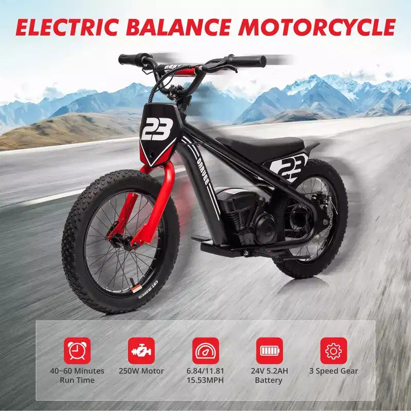 Moto Cross Électrique pour Enfants de 6 à 12 Ans, Vélo d'Équilibre Électrique 250W, Vitesse Max 25 km/h & 3 Réglages de Vitesse, Batterie 24V/5.2AH