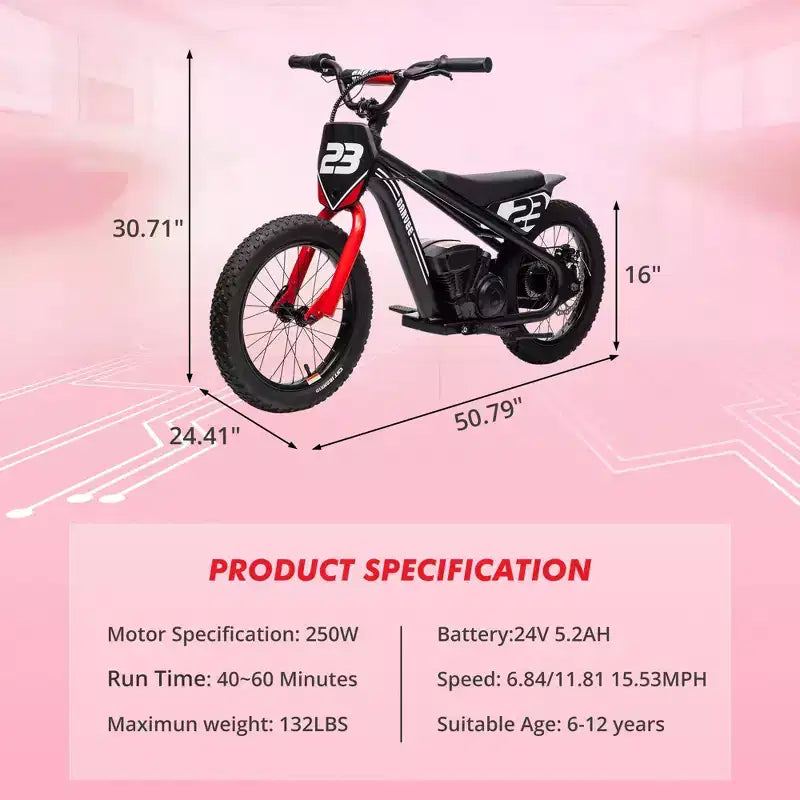 Moto Cross Électrique pour Enfants de 6 à 12 Ans, Vélo d'Équilibre Électrique 250W, Vitesse Max 25 km/h & 3 Réglages de Vitesse, Batterie 24V/5.2AH