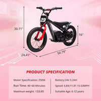 Moto Cross Électrique pour Enfants de 6 à 12 Ans, Vélo d'Équilibre Électrique 250W, Vitesse Max 25 km/h & 3 Réglages de Vitesse, Batterie 24V/5.2AH
