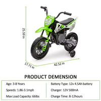 Moto électrique 12 V pour enfants avec roues stabilisatrices, suspension à ressort, accélérateur rotatif, vitesse maximale 4,8 km/h