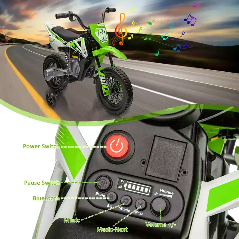 Moto électrique 12 V pour enfants avec roues stabilisatrices, suspension à ressort, accélérateur rotatif, vitesse maximale 4,8 km/h