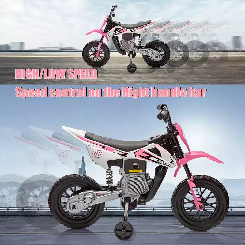 Moto électrique 12 V pour enfants avec roues stabilisatrices, suspension à ressort, accélérateur rotatif, vitesse maximale 4,8 km/h