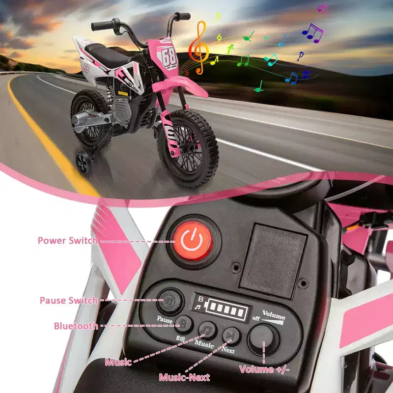 Moto électrique 12 V pour enfants avec roues stabilisatrices, suspension à ressort, accélérateur rotatif, vitesse maximale 4,8 km/h