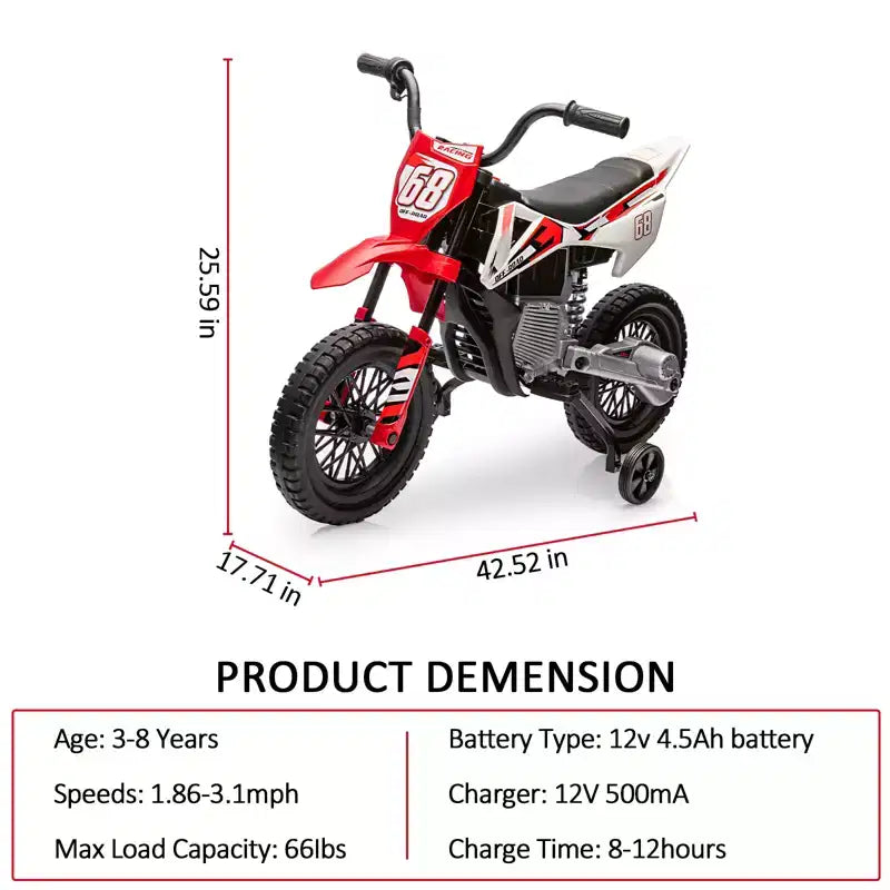 Moto électrique 12 V pour enfants avec roues stabilisatrices, suspension à ressort, accélérateur rotatif, vitesse maximale 4,8 km/h