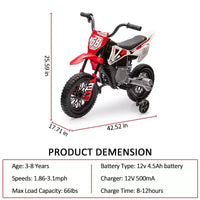 Moto électrique 12 V pour enfants avec roues stabilisatrices, suspension à ressort, accélérateur rotatif, vitesse maximale 4,8 km/h