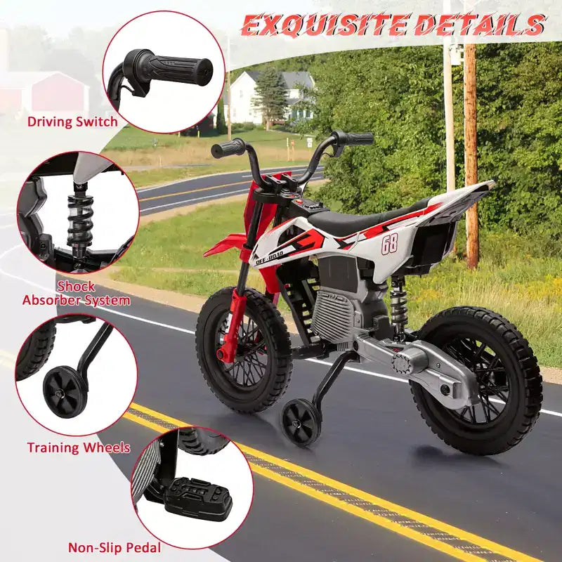 Moto électrique 12 V pour enfants avec roues stabilisatrices, suspension à ressort, accélérateur rotatif, vitesse maximale 4,8 km/h
