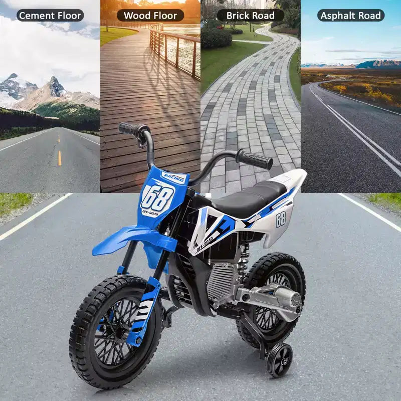 Moto électrique 12 V pour enfants avec roues stabilisatrices, suspension à ressort, accélérateur rotatif, vitesse maximale 4,8 km/h