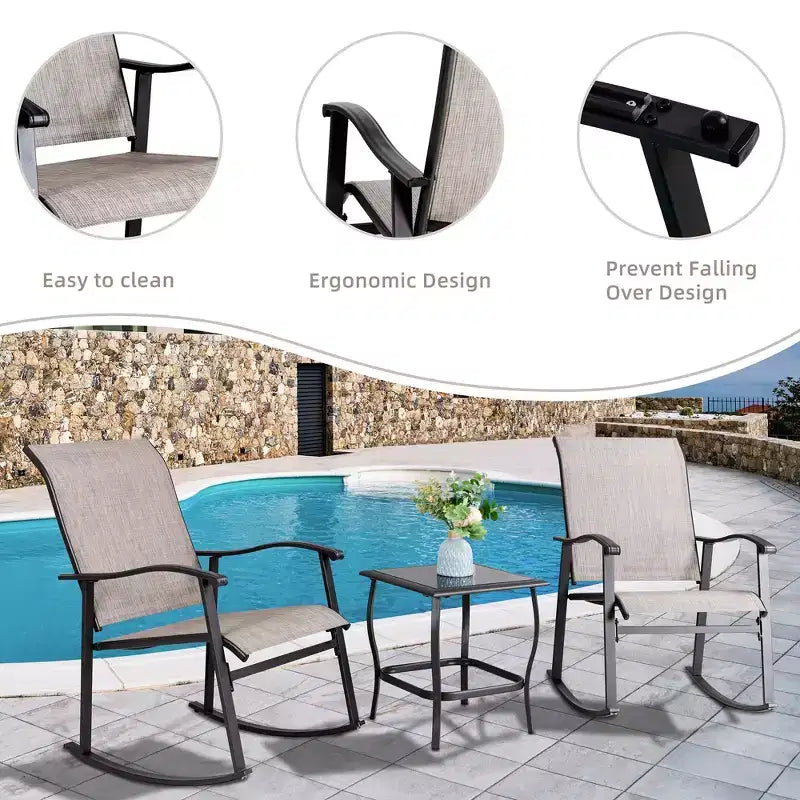 Ensemble Bistro d'extérieur 3 pièces Celebalcony, Chaises à bascule en tissu Textilene, Ensemble de conversation avec table pour jardin, balcon, bord de piscine