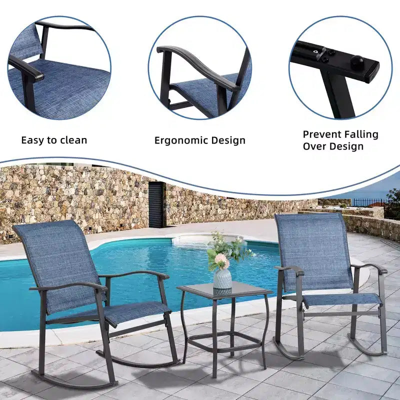 Ensemble Bistro d'extérieur 3 pièces Celebalcony, Chaises à bascule en tissu Textilene, Ensemble de conversation avec table pour jardin, balcon, bord de piscine