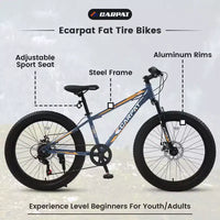 Vélo Okak 24 pouces Fat Tire avec suspension avant, VTT 7 vitesses avec frein à disque et cadre en acier à haute teneur en carbone, Vélo de randonnée pour les trajets quotidiens