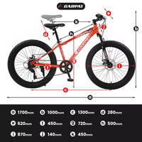Vélo Okak 24 pouces Fat Tire avec suspension avant, VTT 7 vitesses avec frein à disque et cadre en acier à haute teneur en carbone, Vélo de randonnée pour les trajets quotidiens
