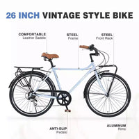 Okak Vélo de croisière vintage 26 pouces avec béquille métallique, vélo de ville pour adulte avec cadre métallique et protège-chaîne, vélo pour les trajets quotidiens, les voyages