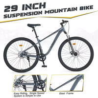 Vélo de montagne Okak 29 pouces à vitesse unique, vélo adulte avec cadre en acier et suspension avant, vélo pour hommes pour les trajets quotidiens, les voyages, la montagne