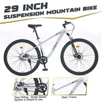 Vélo de montagne Okak 29 pouces à vitesse unique, vélo adulte avec cadre en acier et suspension avant, vélo pour hommes pour les trajets quotidiens, les voyages, la montagne