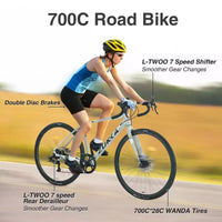 Vélo de Route Okak 700C avec Système 7 Vitesses, Vélo Adulte avec Cadre et Jante en Alliage d'Aluminium, Vélo à Frein à Disque pour Hommes et Femmes