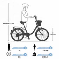 Vélos Cruiser Okak 22" avec panier avant, vélo pour filles avec cadre en acier, freins en V et selles confort, vélo adulte pour filles et femmes