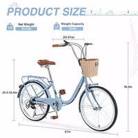 Vélos Cruiser Okak 22" avec panier avant, vélo pour filles avec cadre en acier, freins en V et selles confort, vélo adulte pour filles et femmes