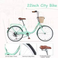 Vélos Cruiser Okak 22" avec panier avant, vélo pour filles avec cadre en acier, freins en V et selles confort, vélo adulte pour filles et femmes