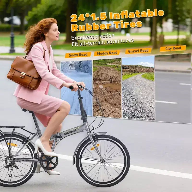 Vélo pliant Okak 24 pouces avec 7 vitesses et cadre en acier, vélos de croisière avec porte-bagages arrière et garde-boue, vélo adulte pour les voyages et les trajets quotidiens