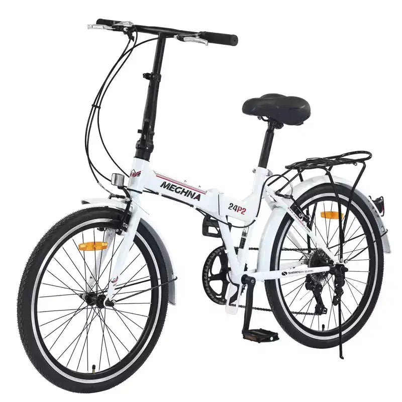 Vélo pliant Okak 24 pouces avec 7 vitesses et cadre en acier, vélos de croisière avec porte-bagages arrière et garde-boue, vélo adulte pour les voyages et les trajets quotidiens