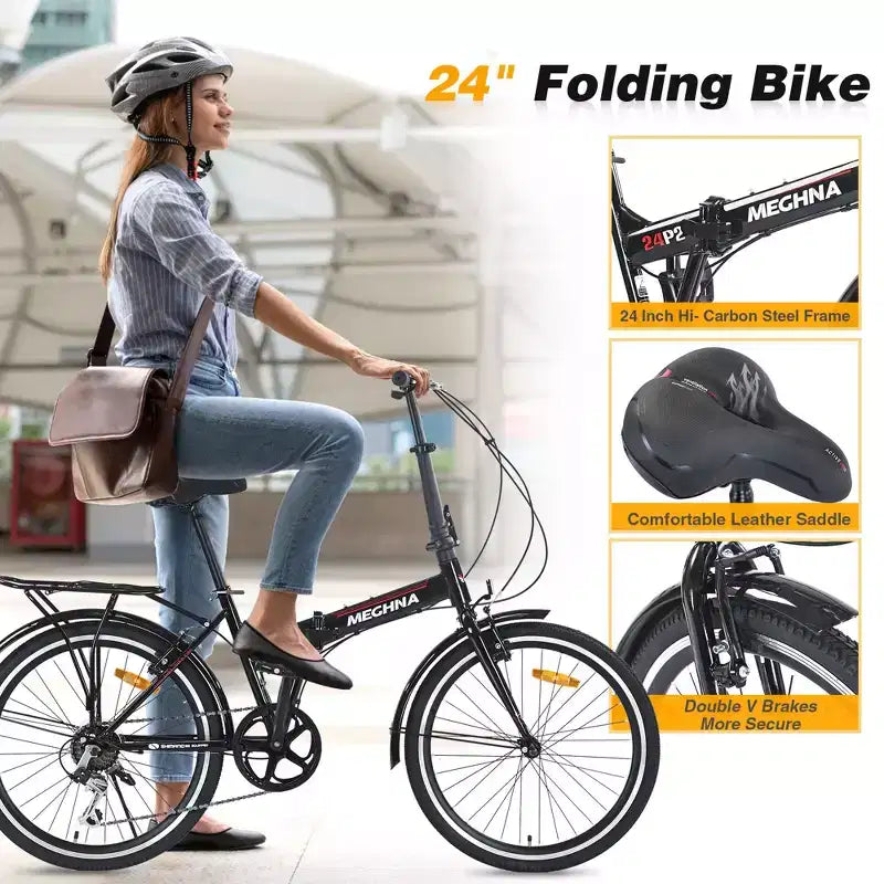 Vélo pliant Okak 24 pouces avec 7 vitesses et cadre en acier, vélos de croisière avec porte-bagages arrière et garde-boue, vélo adulte pour les voyages et les trajets quotidiens