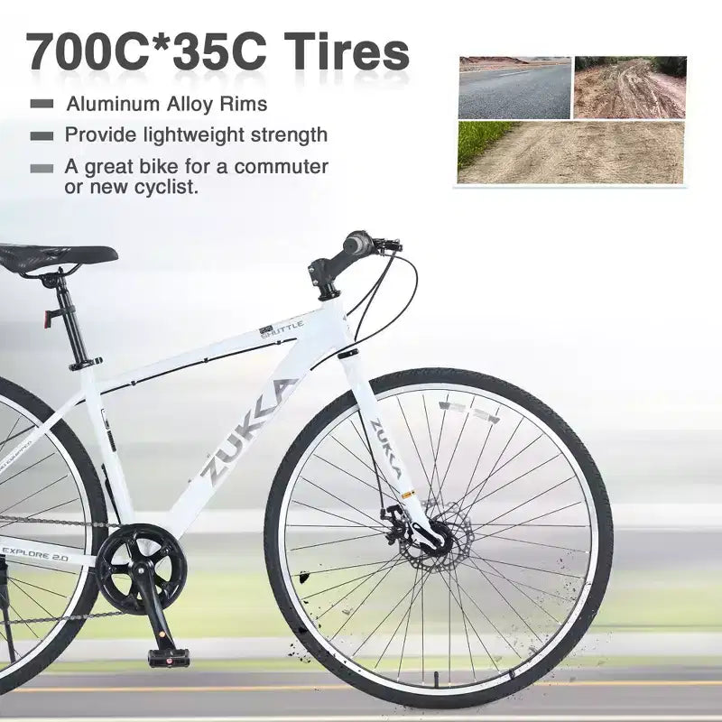 Vélo hybride Okak 700C avec cadre en alliage d'aluminium et freins à double disque, vélo de route à guidon plat, vélo pour adultes pour le cyclisme sur route et les voyages