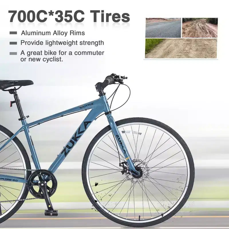 Vélo hybride Okak 700C avec cadre en alliage d'aluminium et freins à double disque, vélo de route à guidon plat, vélo pour adultes pour le cyclisme sur route et les voyages