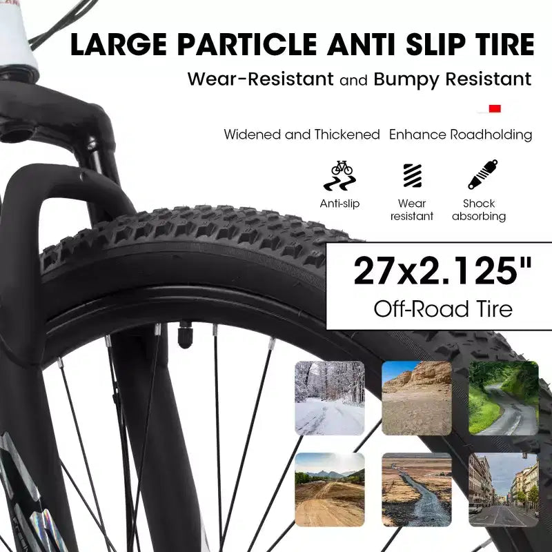 VTT Okak 27 pouces avec fourche suspendue et cadre en aluminium, VTT tout-terrain 21 vitesses avec frein à disque, vélo pour adultes hommes et femmes
