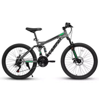 Okak 24 Inch Carbon Steel Mountain Bike with Full Suspension, Mens Bike with 21 Speed Shifter Lever and Disc Brakes, Bicycle for Kids&Adults