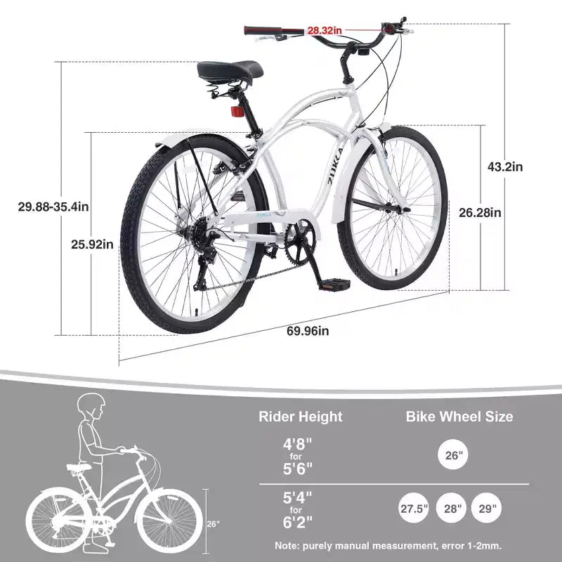 Vélo de plage Okak 26 pouces avec système 7 vitesses, vélo homme avec freins en V avant et arrière, vélo à cadre métallique pour adolescents et adultes