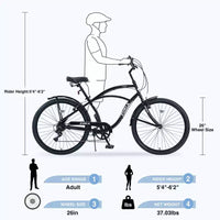 Vélo de plage Okak 26 pouces avec système 7 vitesses, vélo homme avec freins en V avant et arrière, vélo à cadre métallique pour adolescents et adultes