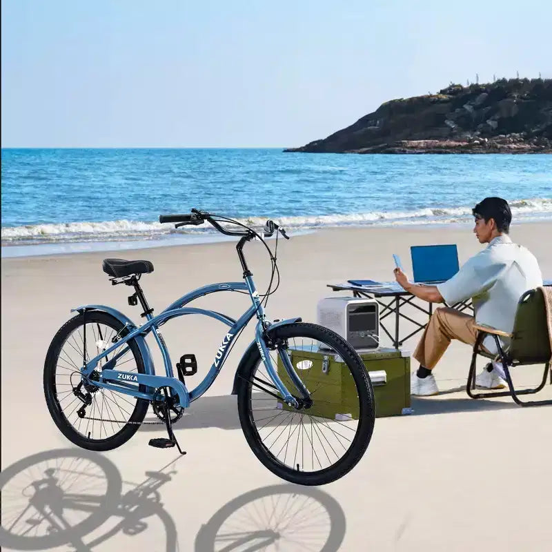 Vélo de plage Okak 26 pouces avec système 7 vitesses, vélo homme avec freins en V avant et arrière, vélo à cadre métallique pour adolescents et adultes