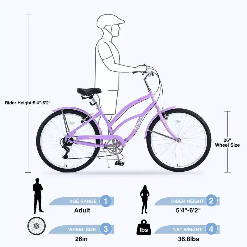 Vélo Okak 26 pouces pour femme avec 7 vitesses, vélo de plage cruiser avec double frein en V et selle rembourrée, vélo pour adulte pour les trajets quotidiens, les voyages, la montagne