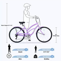 Vélo Okak 26 pouces pour femme avec 7 vitesses, vélo de plage cruiser avec double frein en V et selle rembourrée, vélo pour adulte pour les trajets quotidiens, les voyages, la montagne