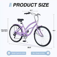 Vélo Okak 26 pouces pour femme avec 7 vitesses, vélo de plage cruiser avec double frein en V et selle rembourrée, vélo pour adulte pour les trajets quotidiens, les voyages, la montagne