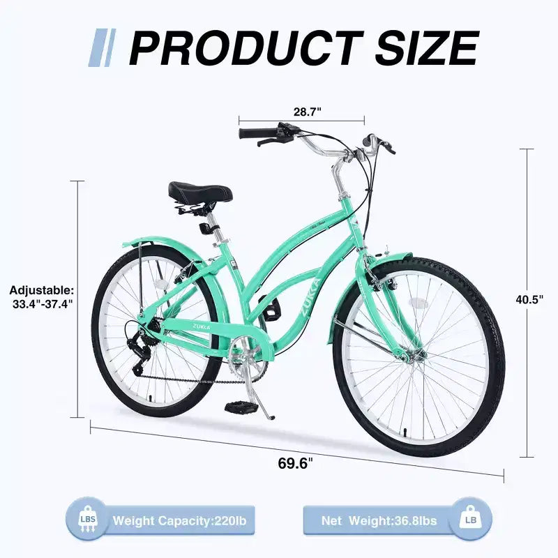Vélo Okak 26 pouces pour femme avec 7 vitesses, vélo de plage cruiser avec double frein en V et selle rembourrée, vélo pour adulte pour les trajets quotidiens, les voyages, la montagne