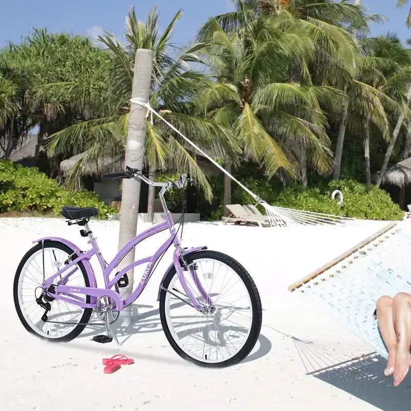 Vélo Okak 26 pouces pour femme avec 7 vitesses, vélo de plage cruiser avec double frein en V et selle rembourrée, vélo pour adulte pour les trajets quotidiens, les voyages, la montagne