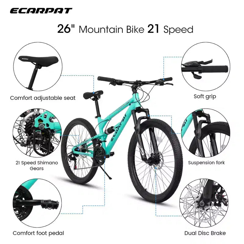 VTT Okak 26 pouces avec amortisseurs avant et arrière, 21 vitesses, cadre en acier, vélo homme pour adolescents et adultes, bleu