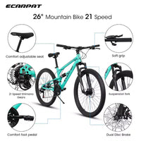 VTT Okak 26 pouces avec amortisseurs avant et arrière, 21 vitesses, cadre en acier, vélo homme pour adolescents et adultes, bleu