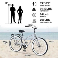 Vélos de croisière Okak 26 pouces à vitesse unique avec cadre en acier, vélo pour adultes avec roues larges et freins à rétropédalage arrière, vélo pour hommes et femmes